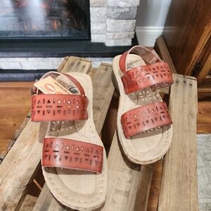 Earth Spirit Sandals Brown Cognac Laser Cut Slingback Buckle